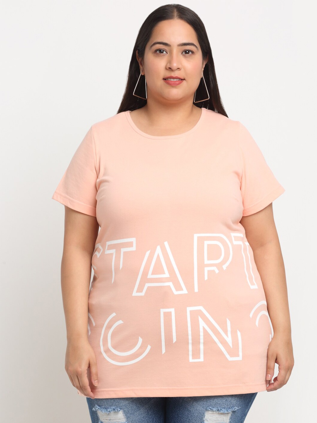 

plusS Plus Size Typography Printed Cotton T-shirt, Peach