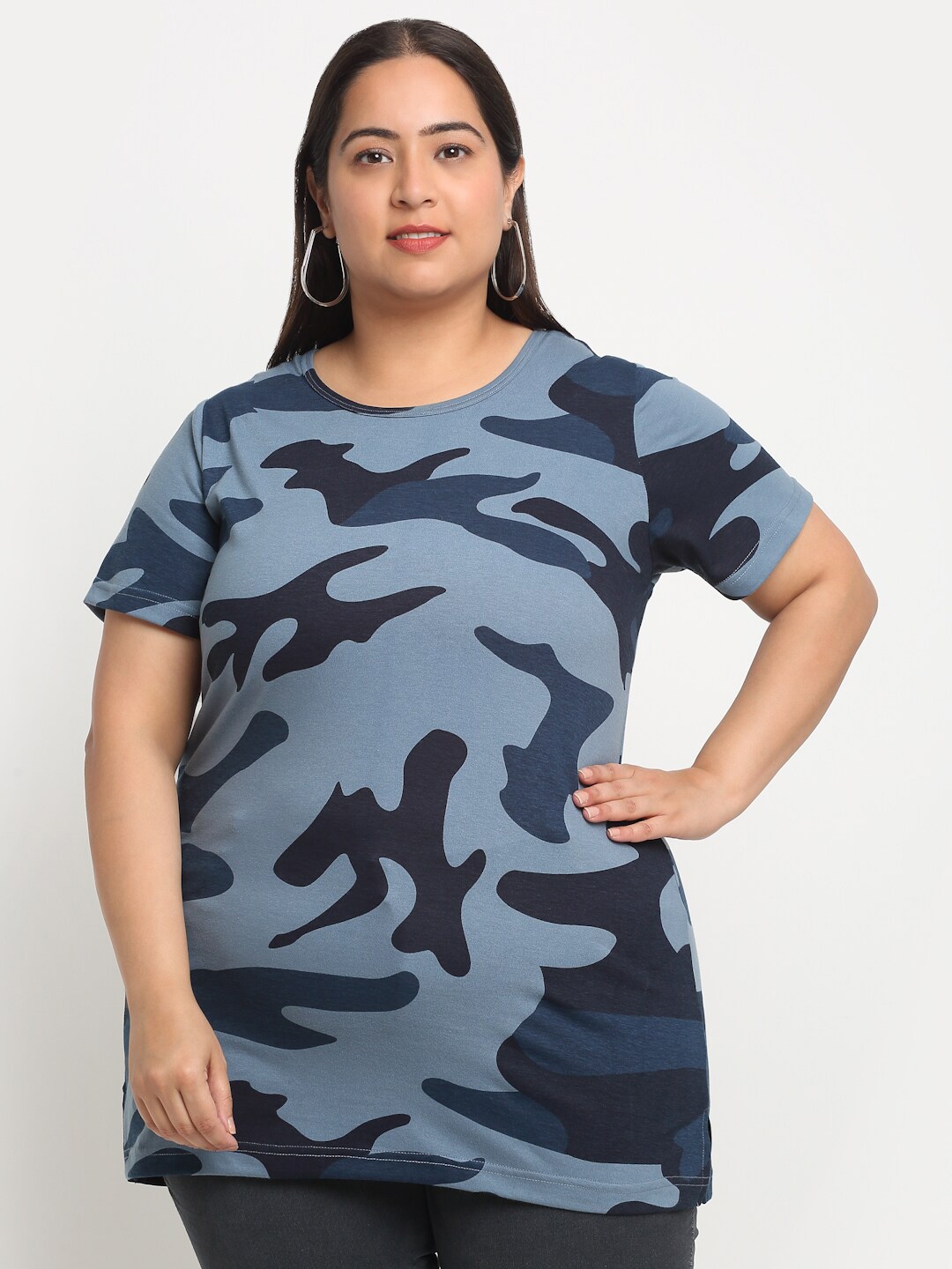 

plusS Plus Size Printed Cotton T-shirt, Blue