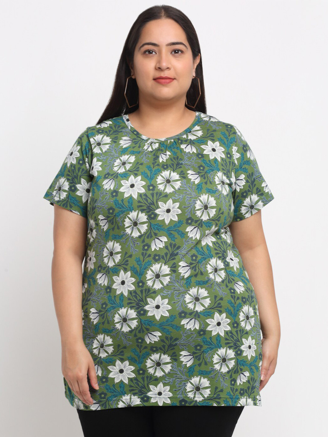 

plusS Plus Size Floral Printed Cotton T-shirt, Olive