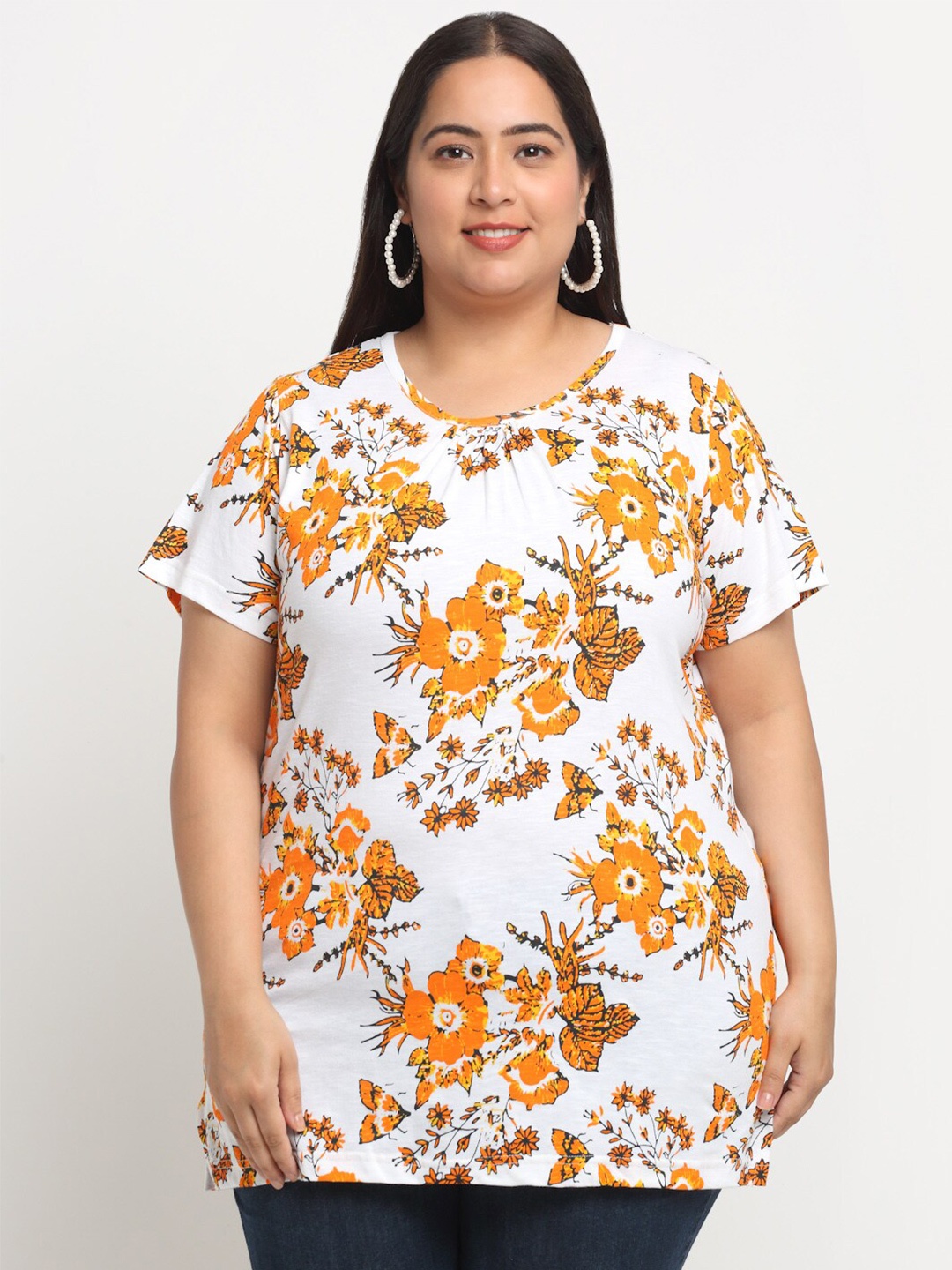 

plusS Floral Printed Longline Cotton T-Shirt, White