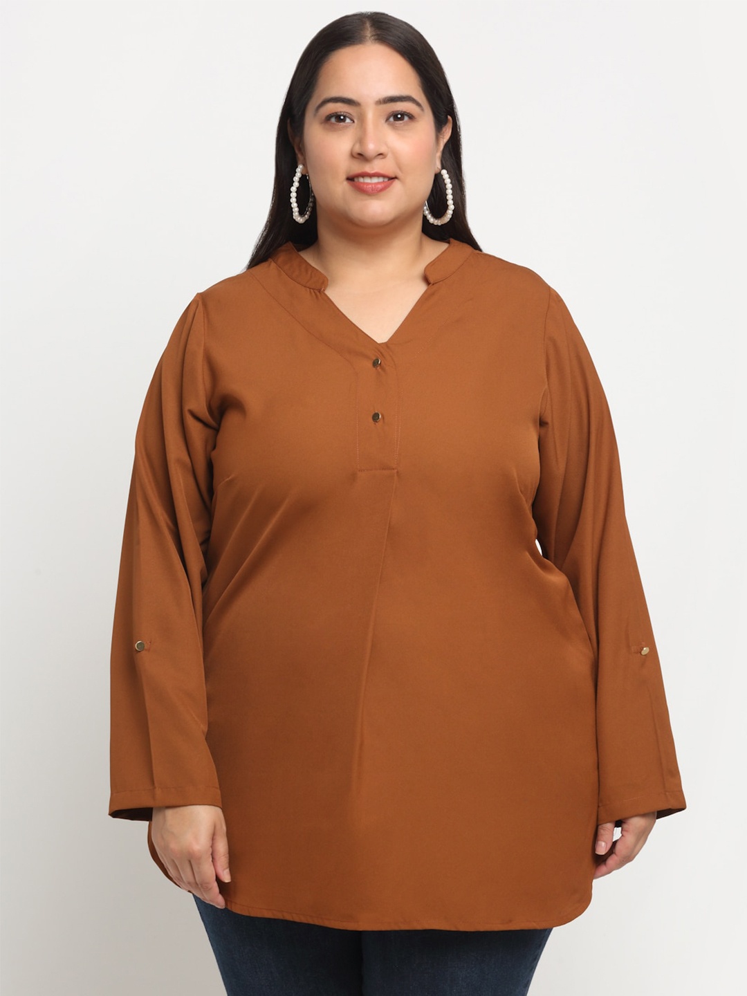 

plusS Mandarin Collar Roll-Up Sleeves Top, Brown