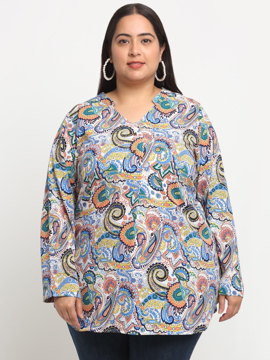 

plusS Ethnic Motifs Printed Longline Top, White