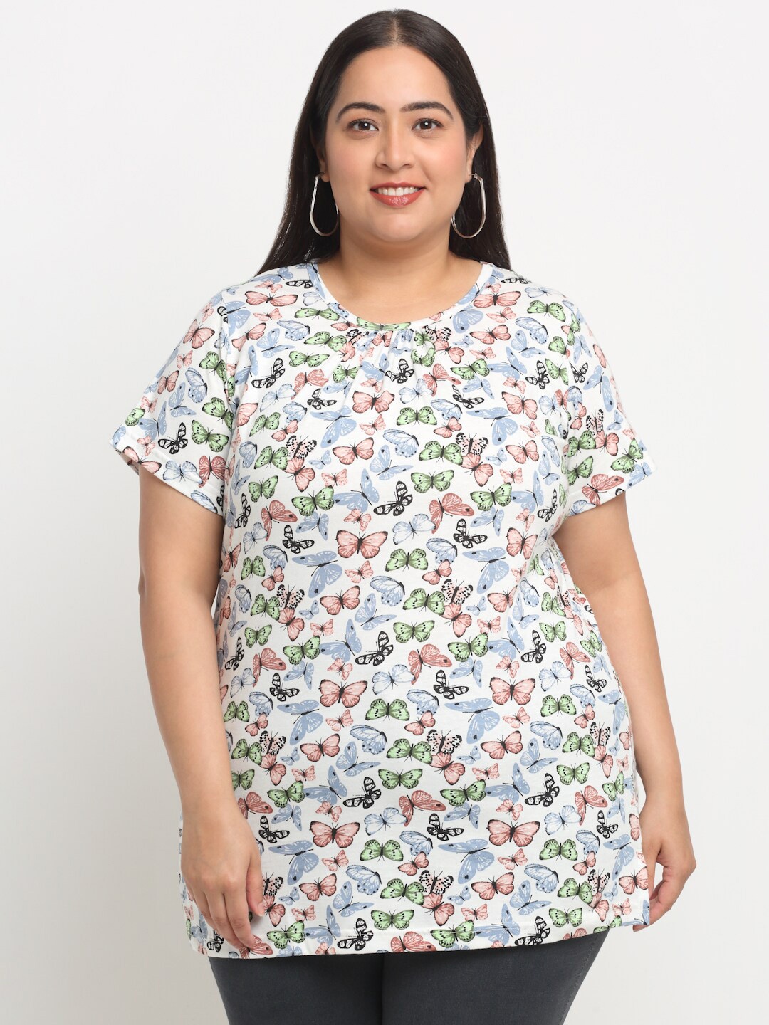 

plusS Plus Size Butterflies Graphic Printed Longline Cotton T-shirt, White