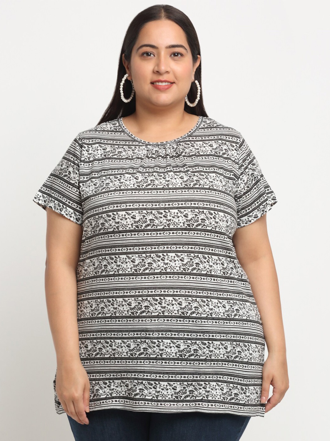 

plusS Floral Printed Longline Cotton T-Shirt, White