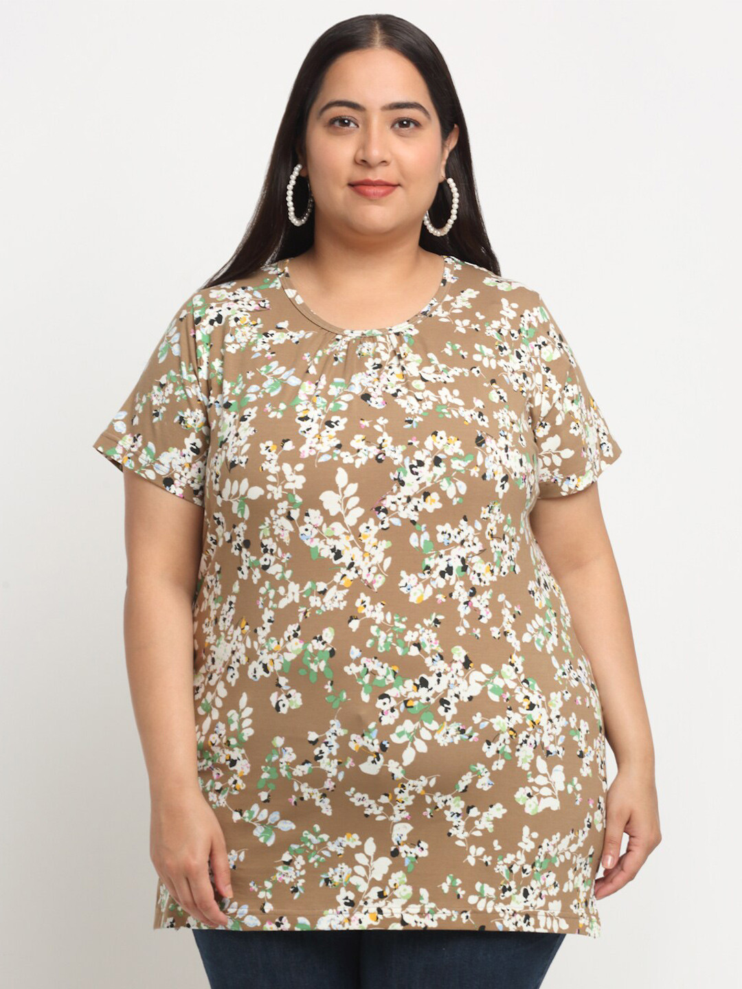 

plusS Plus Size Floral Printed Longline Cotton T-shirt, Brown