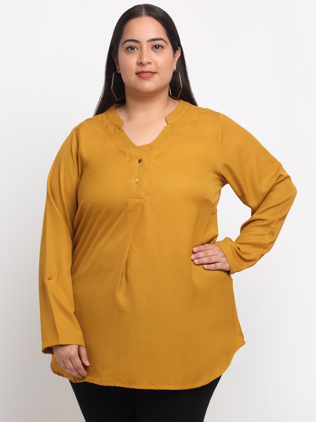 

plusS Mandarin Collar Longline Top, Mustard