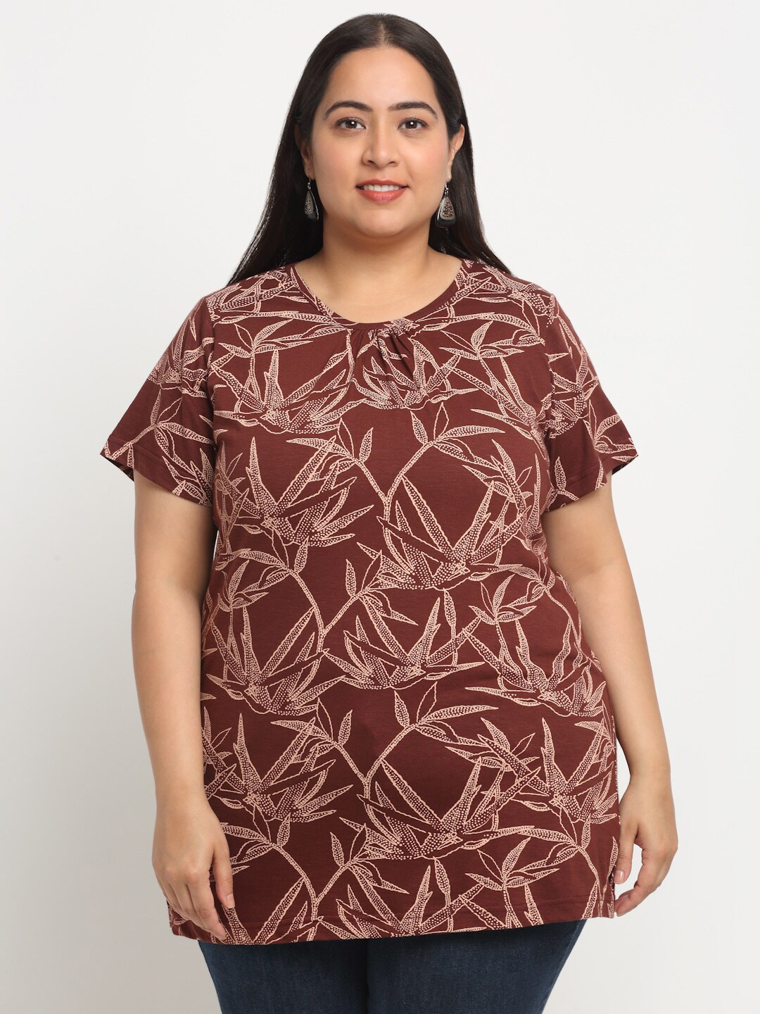 

plusS Plus Size Tropical Printed Cotton T-shirt, Brown