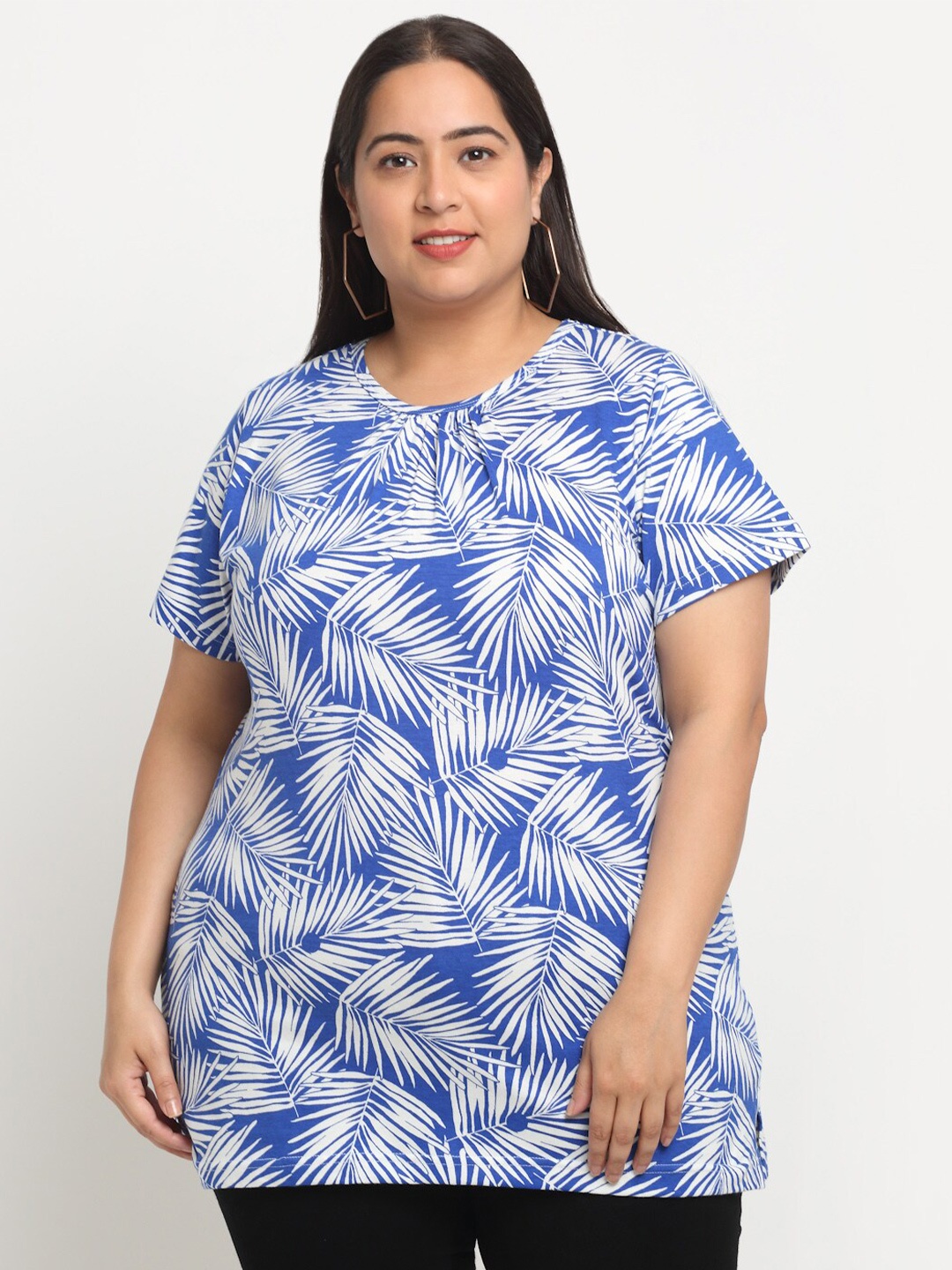 

plusS Plus Size Tropical Printed Cotton T-shirt, Blue
