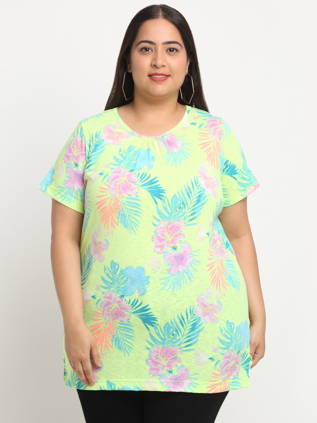 

plusS Plus Size Floral Printed Cotton T-shirt, Yellow