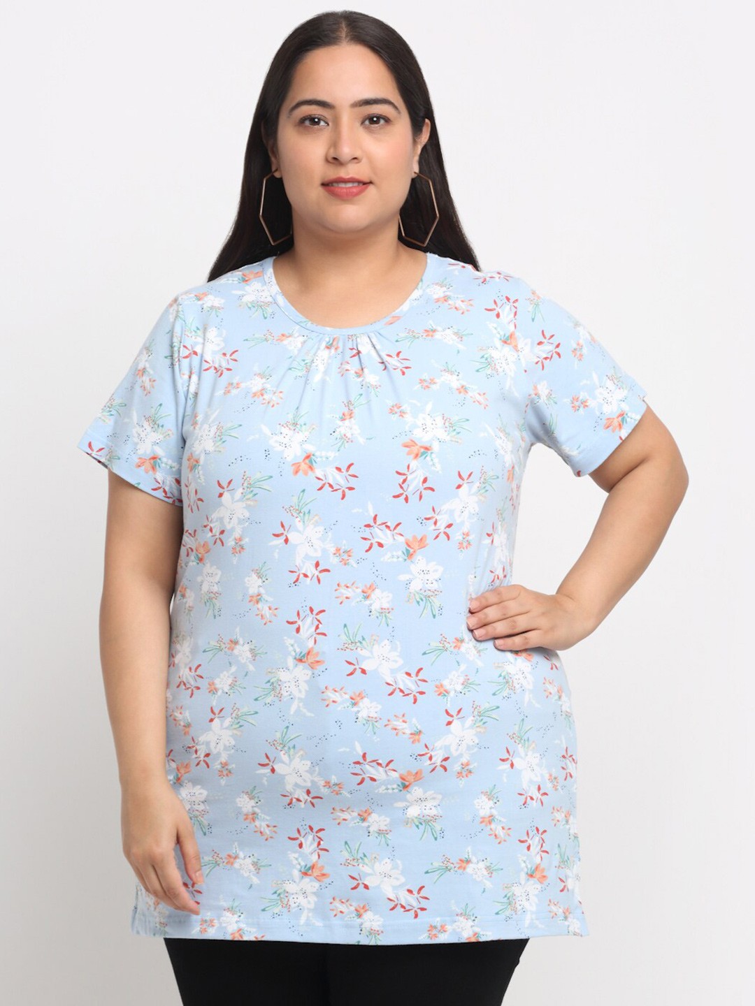 

plusS Plus Size Floral Printed Cotton T-shirt, Blue