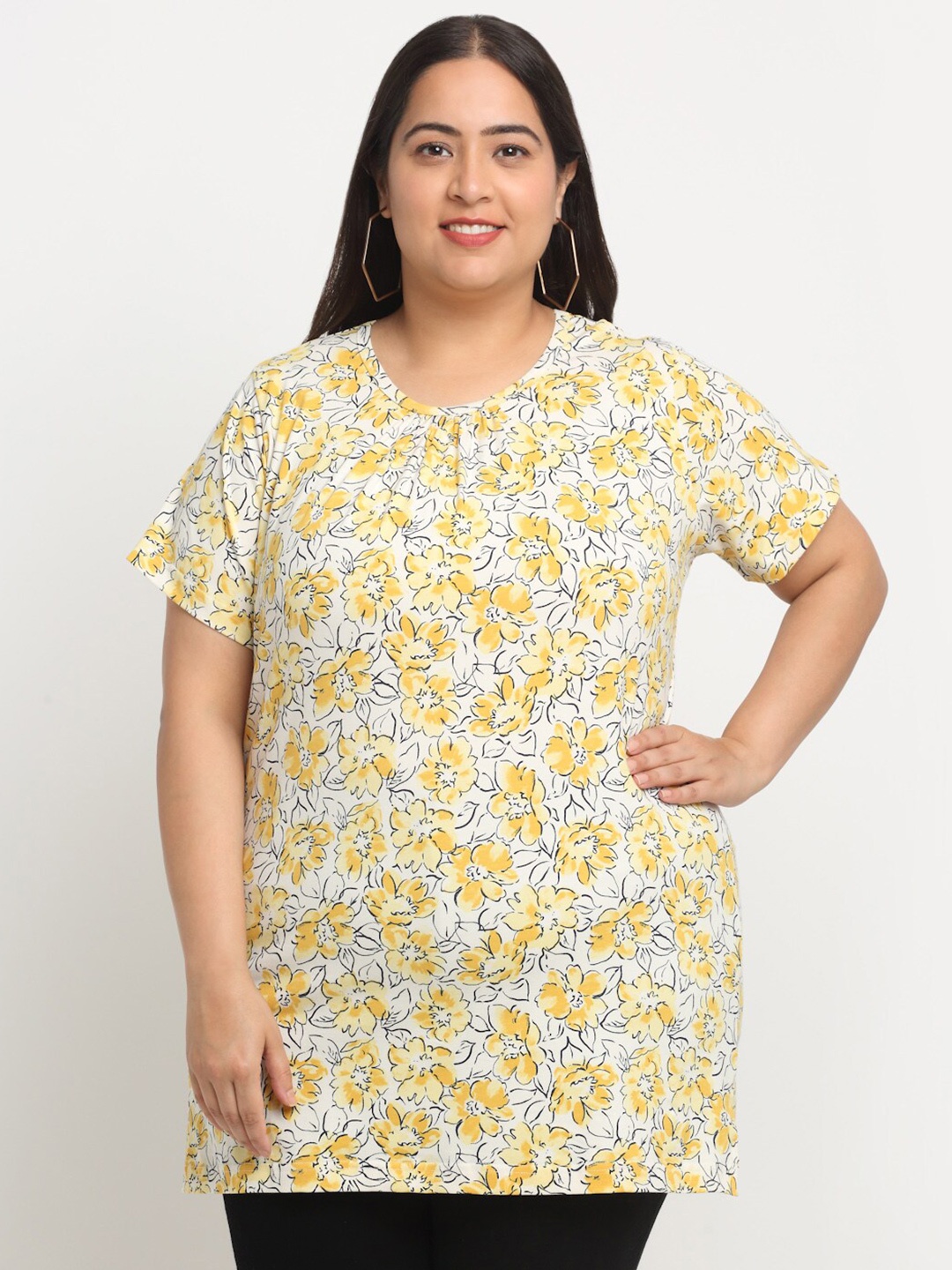 

plusS Floral Printed Round Neck Cotton Longline T-shirt, Yellow