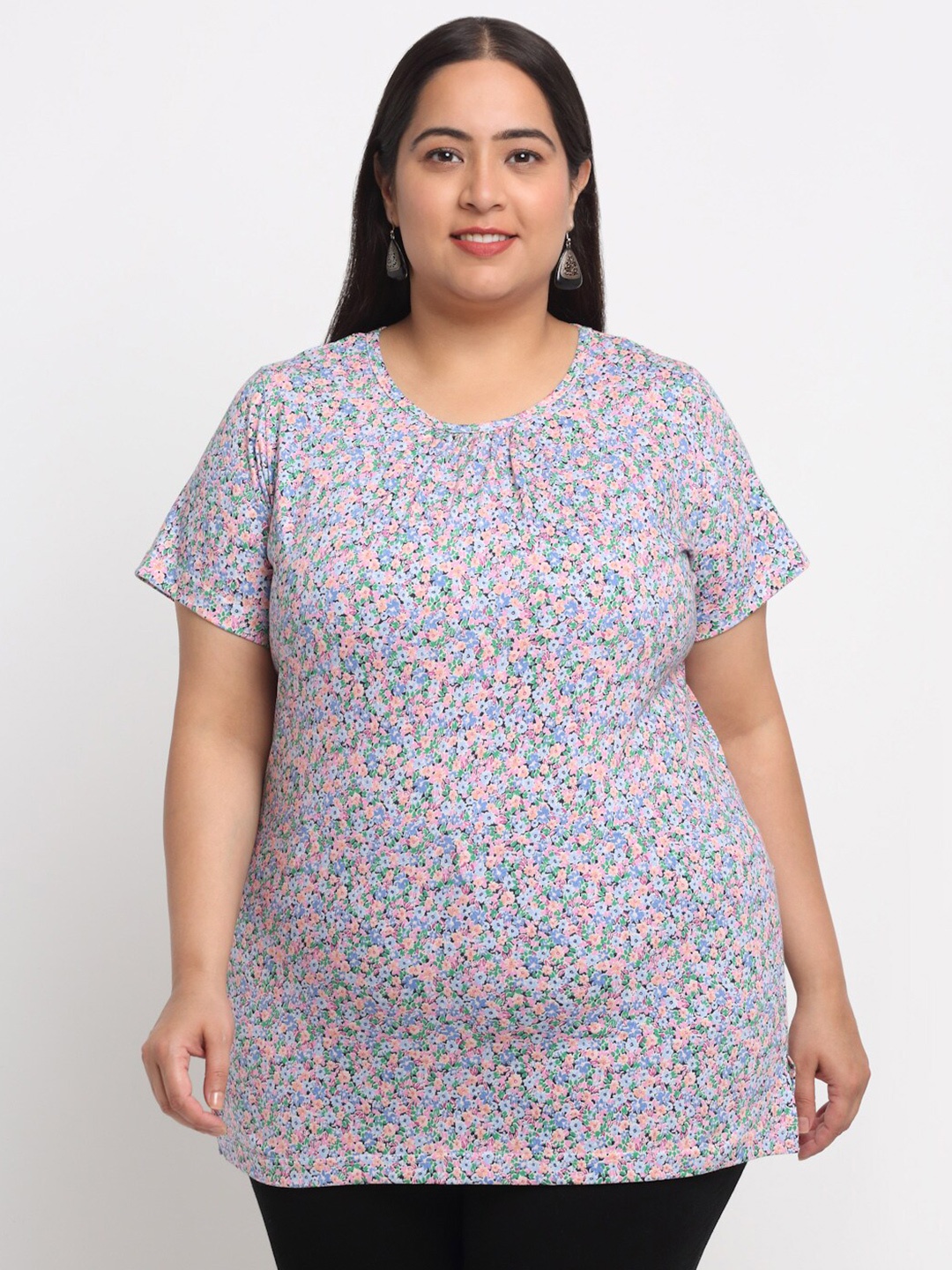 

plusS Plus Size Floral Printed Cotton T-shirt, Blue