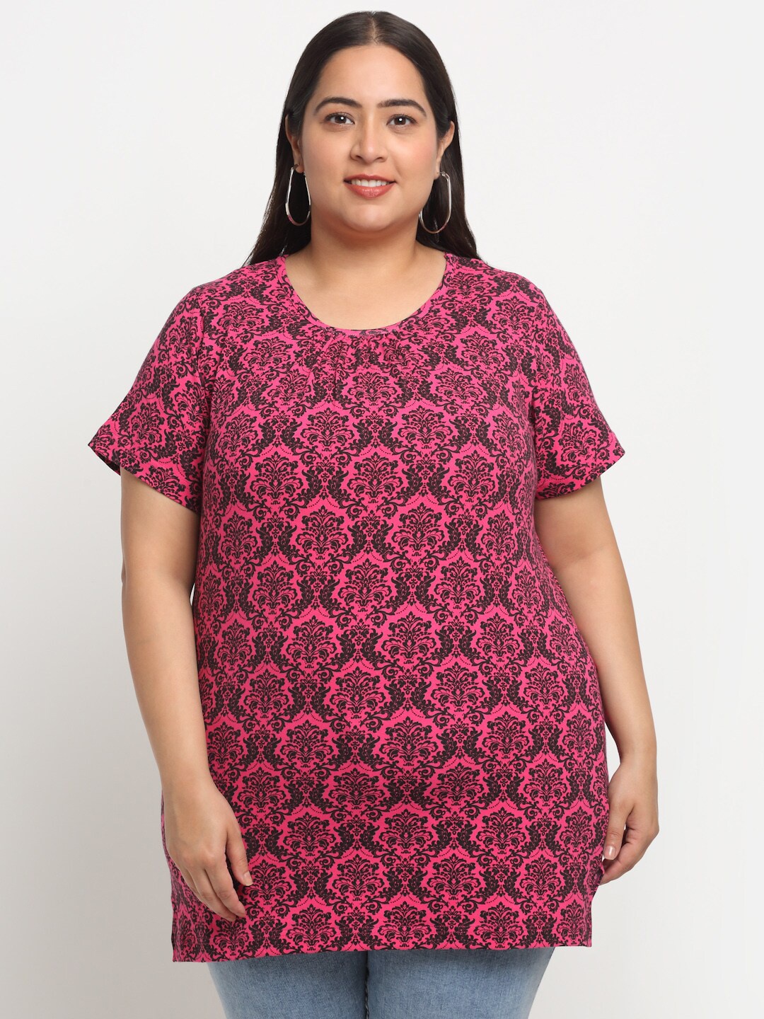 

plusS Floral Printed Longline Cotton T-Shirt, Fuchsia