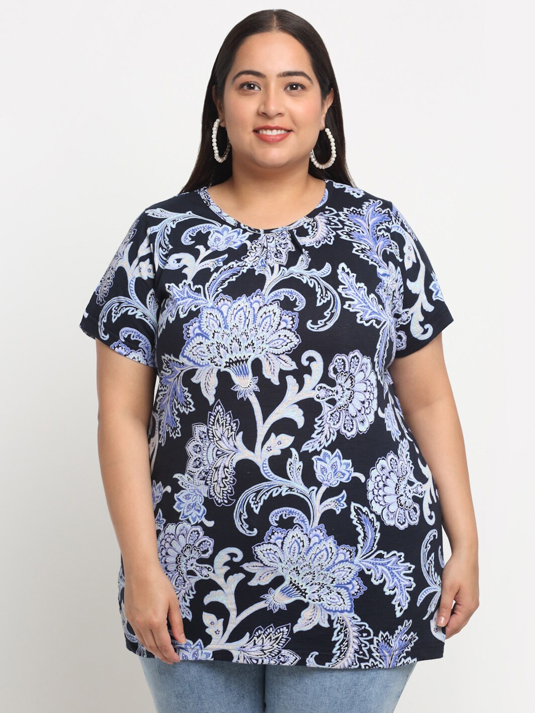 

plusS Plus Size Floral Printed Longline Cotton T-shirt, Navy blue