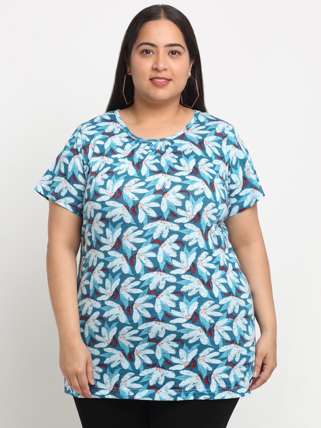 

plusS Plus Size Floral Printed Cotton T-shirt, Blue