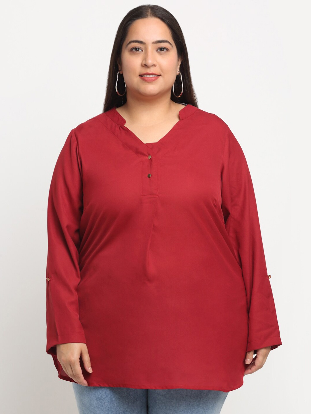 

plusS Mandarin Collar Roll-Up Sleeves Top, Maroon