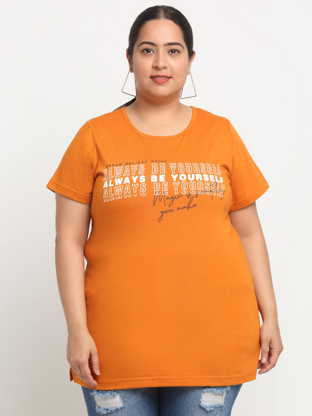 

plusS Typography Printed Cotton T-Shirt, Orange