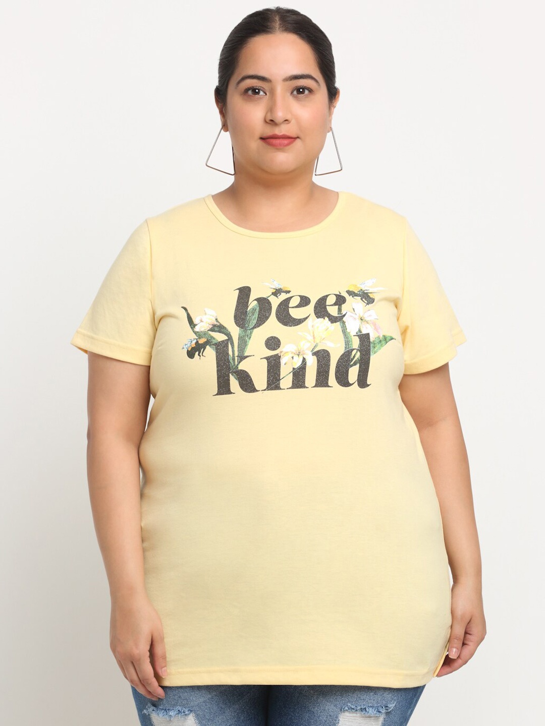 

plusS Plus Size Typography Printed Cotton T-shirt, Yellow