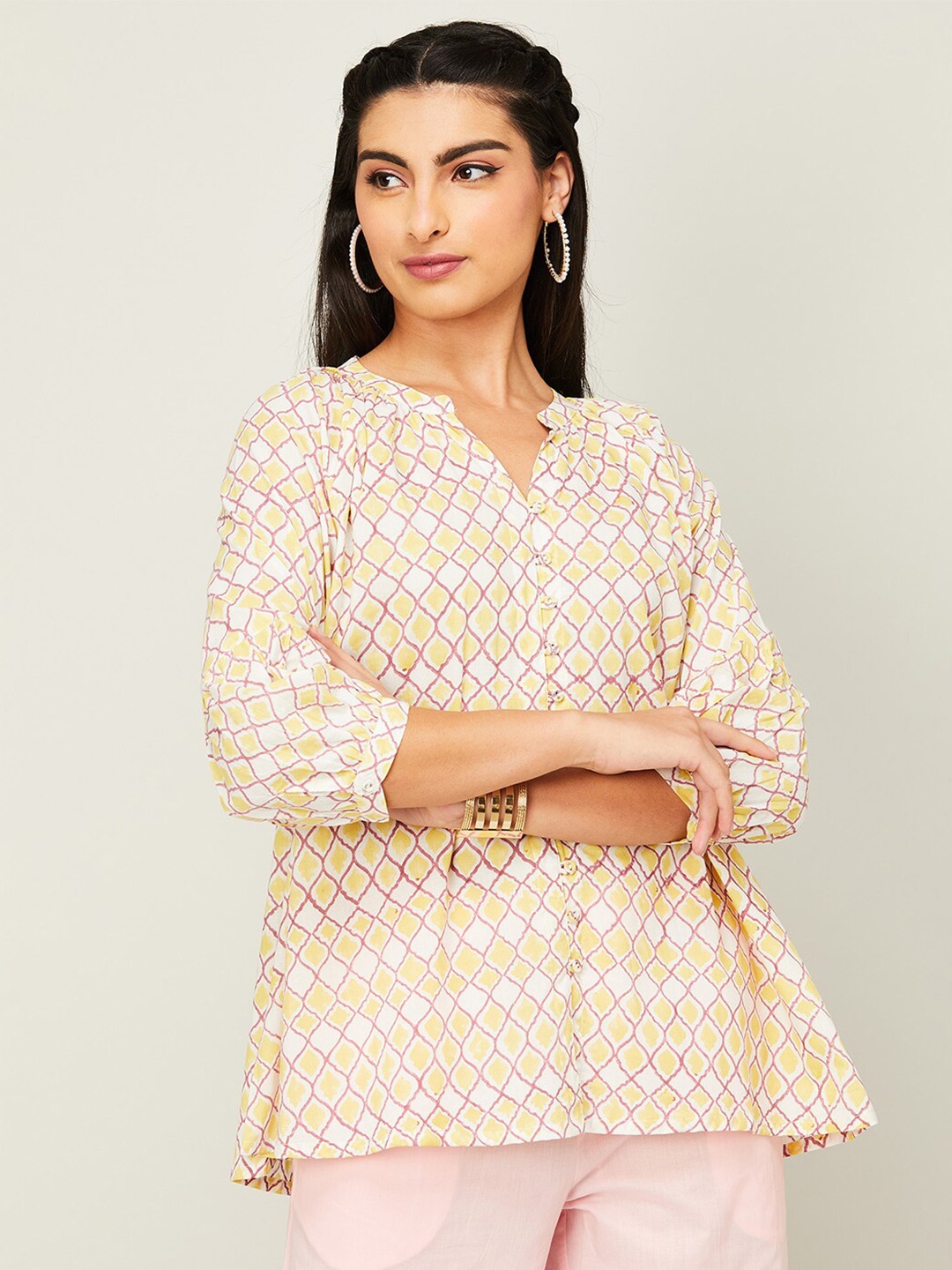 

Melange by Lifestyle Ethnic Motifs Printed Cotton Mandarin Collar Tunic, Pink