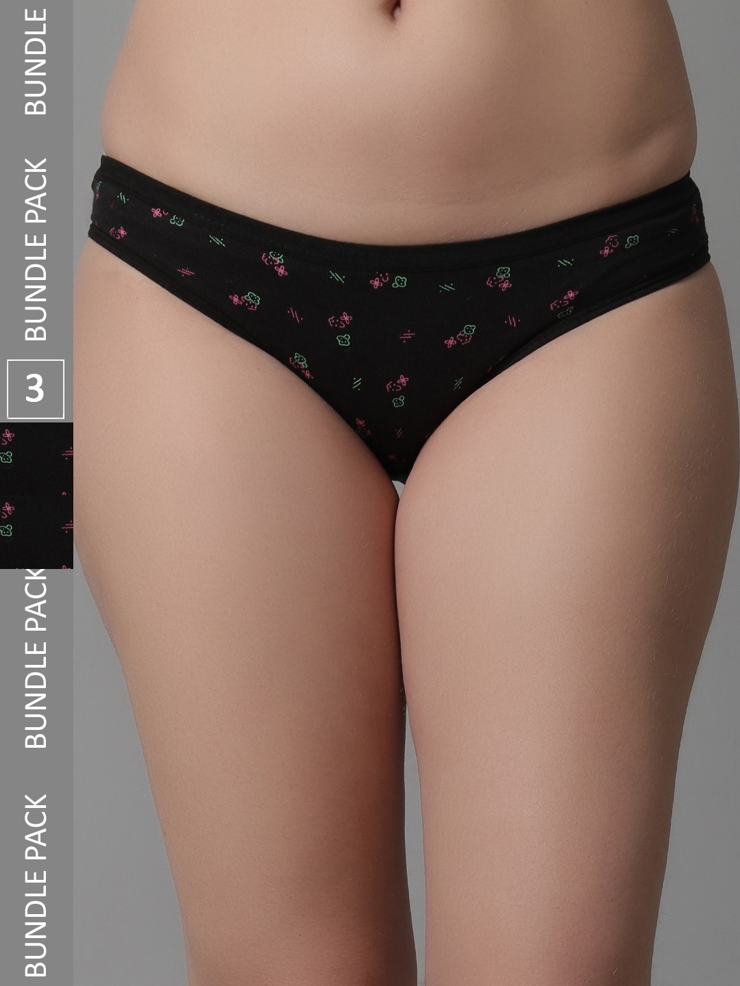 

KEX Women Pack Of 3 Floral Printed Cotton Hipster Briefs, Black