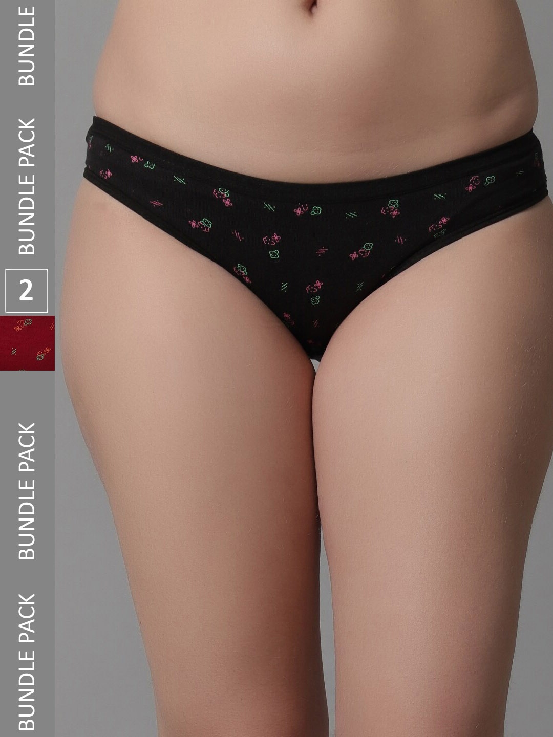 

KEX Women Pack Of 2 Floral Printed Cotton Hipster Briefs, Black