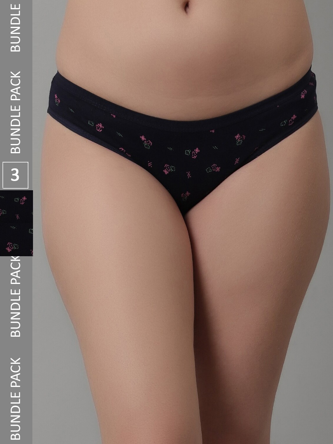 

KEX Women Pack Of 3 Floral Printed Cotton Hipster Briefs, Navy blue
