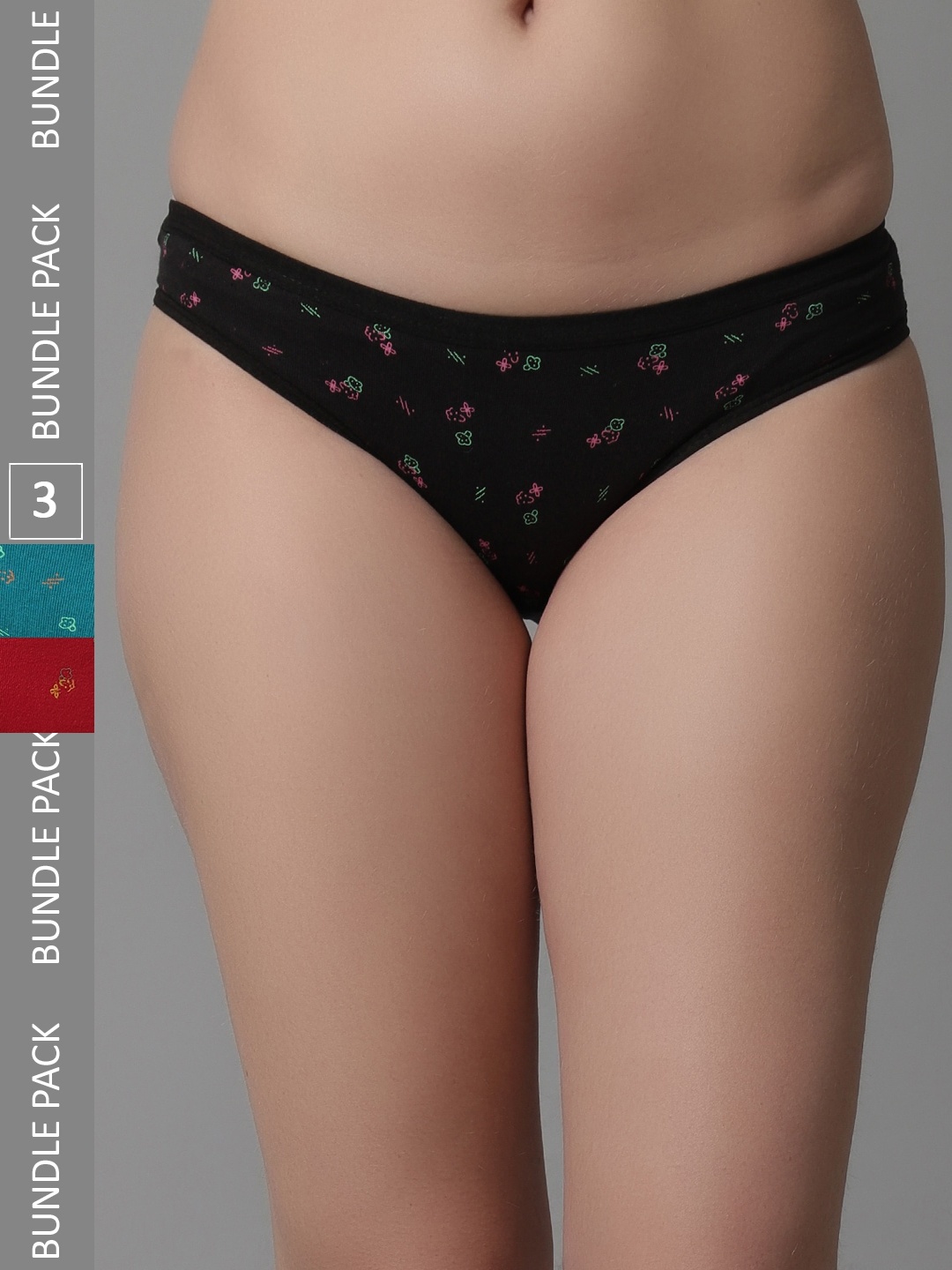 

KEX Women Pack Of 3 Floral Printed Pure Cotton Hipster Briefs, Black
