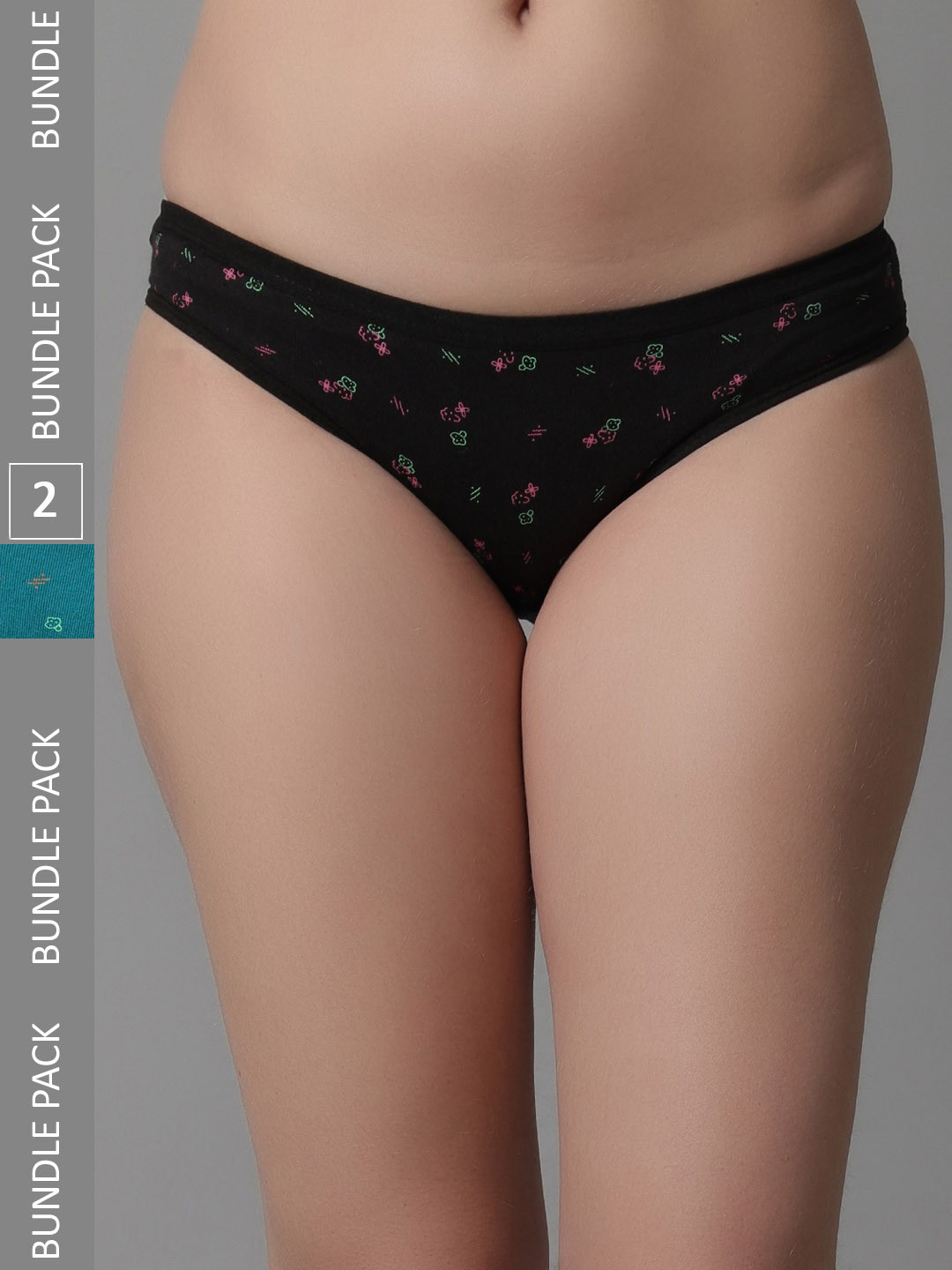 

KEX Women Pack Of 2 Floral Printed Cotton Hipster Briefs, Black