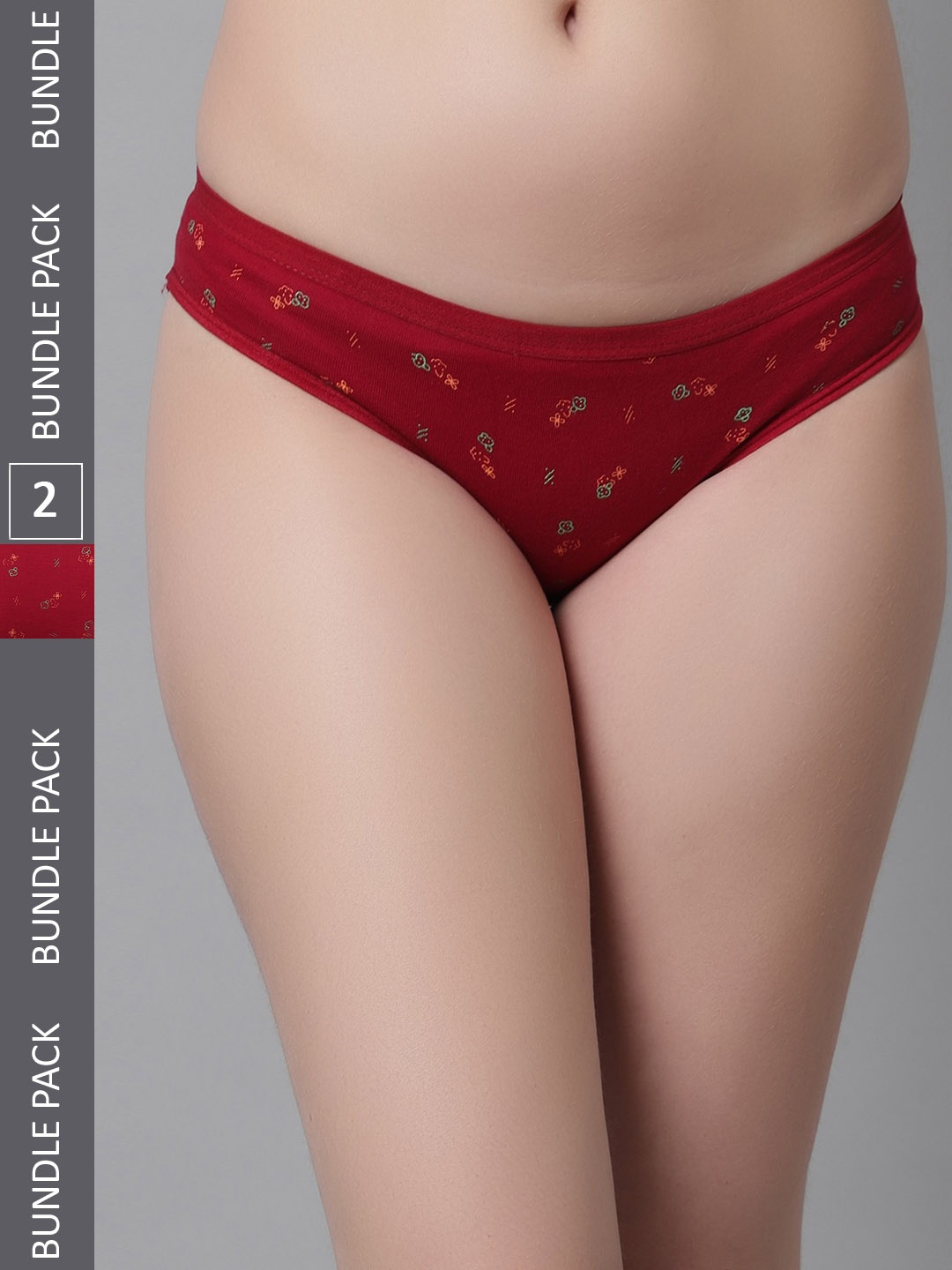 

KEX Women Pack Of 2 Floral Printed Cotton Hipster Briefs, Maroon