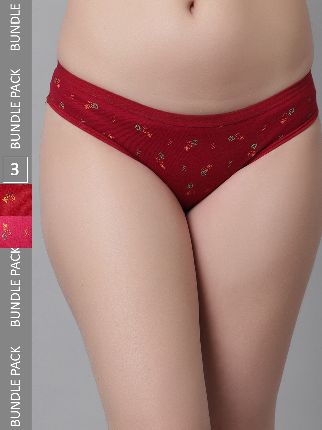 

KEX Women Pack Of 3 Floral Printed Cotton Hipster Briefs, Maroon