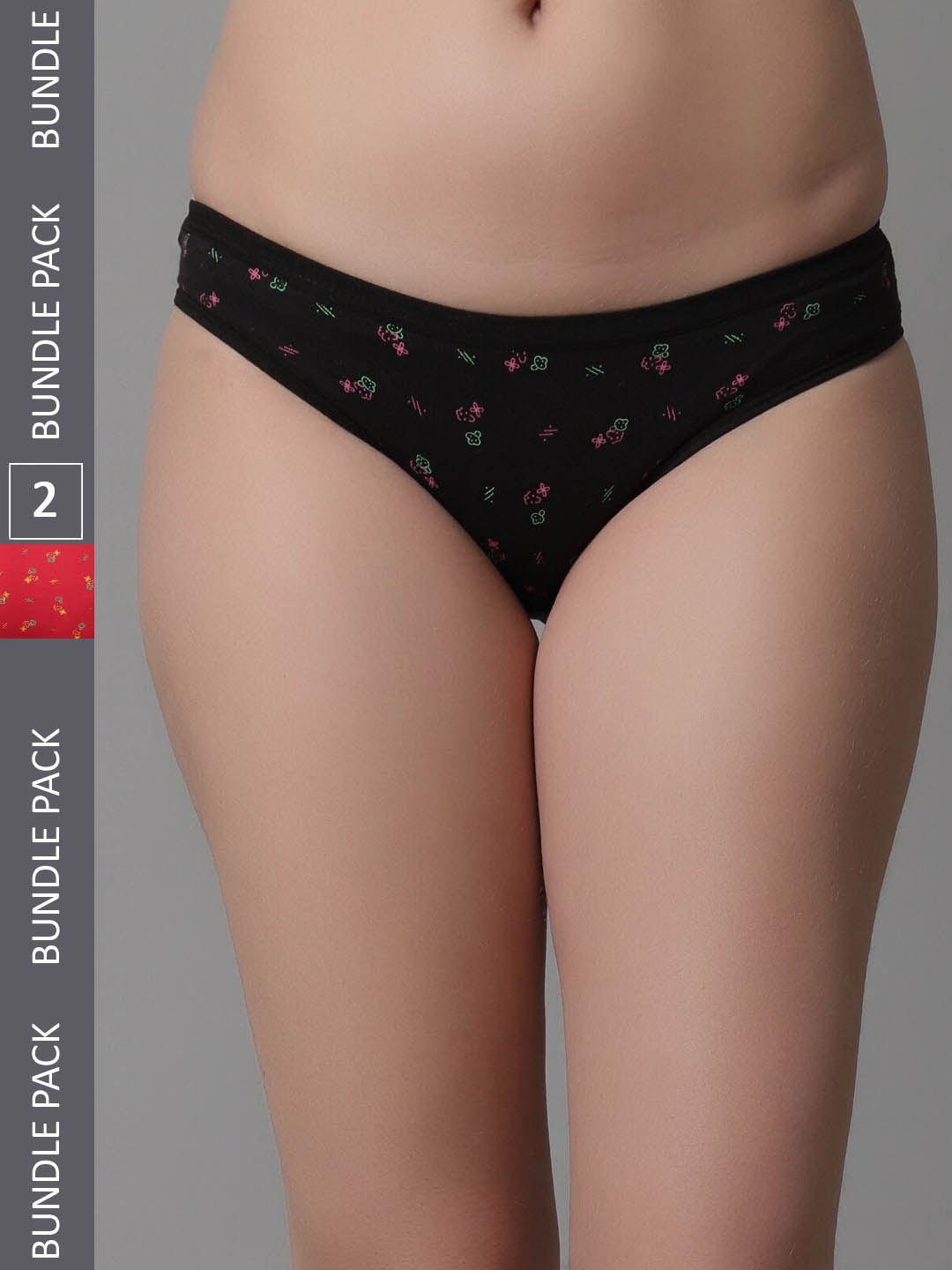 

KEX Women Pack Of 2 Floral Printed Cotton Hipster Briefs, Black