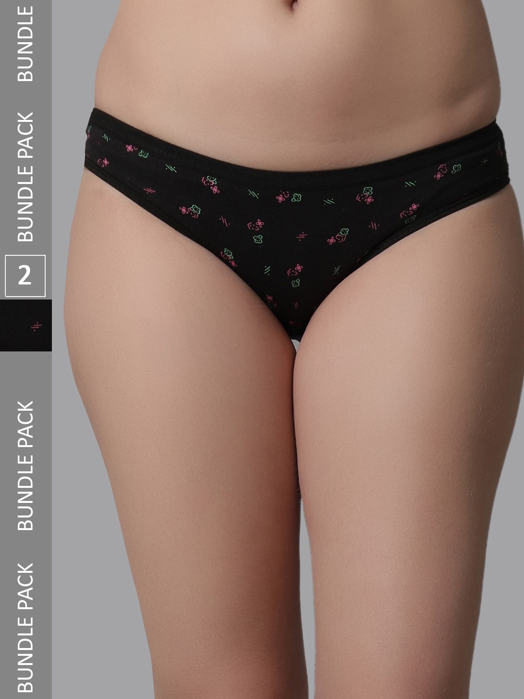 

KEX Women Pack Of 2 Floral Printed Cotton Hipster Briefs, Black