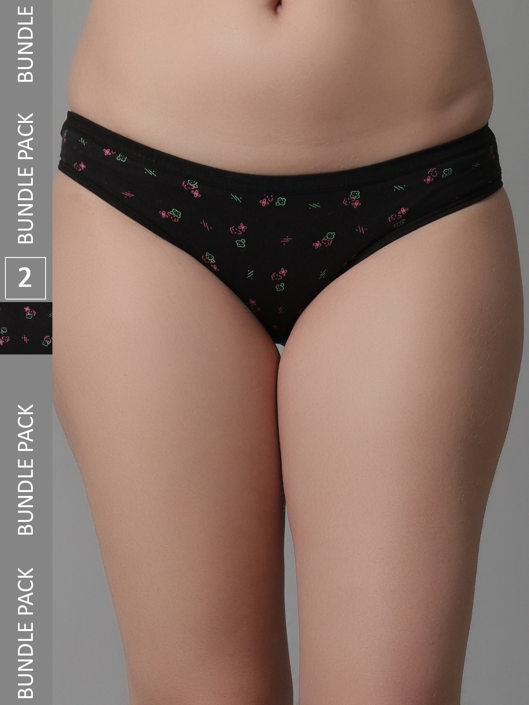 

KEX Women Pack Of 2 Floral Printed Cotton Hipster Briefs, Black