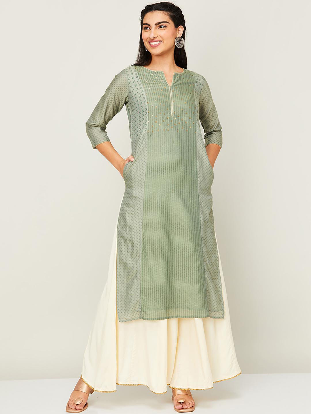 

Melange by Lifestyle Striped Sequined Kurta, Green