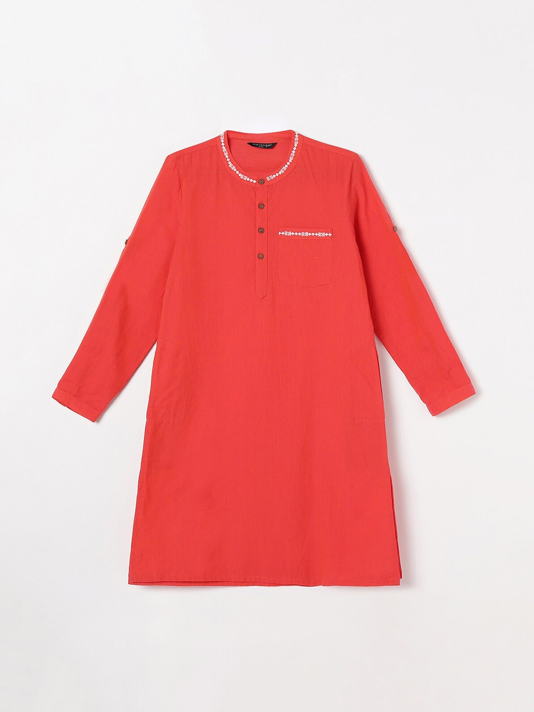 

Melange by Lifestyle Boys Roll-Up Sleeves Thread Work Pure Cotton Kurta, Coral
