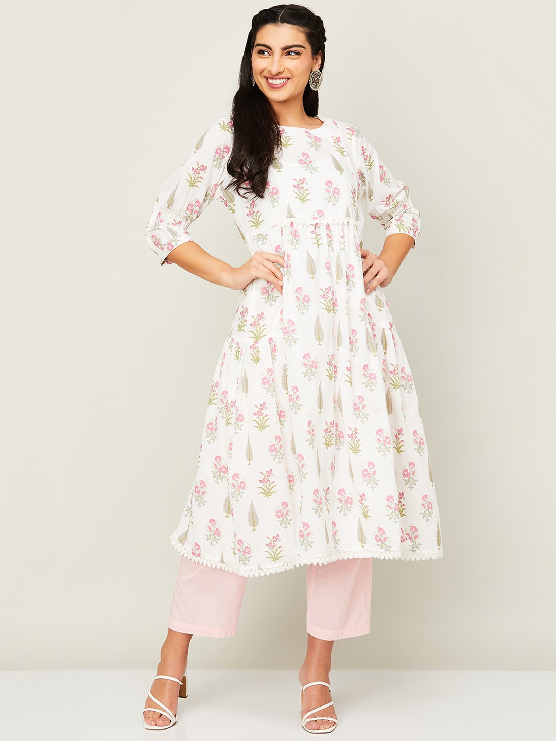 

Melange by Lifestyle Floral Printed Cotton A-Line Kurta, White