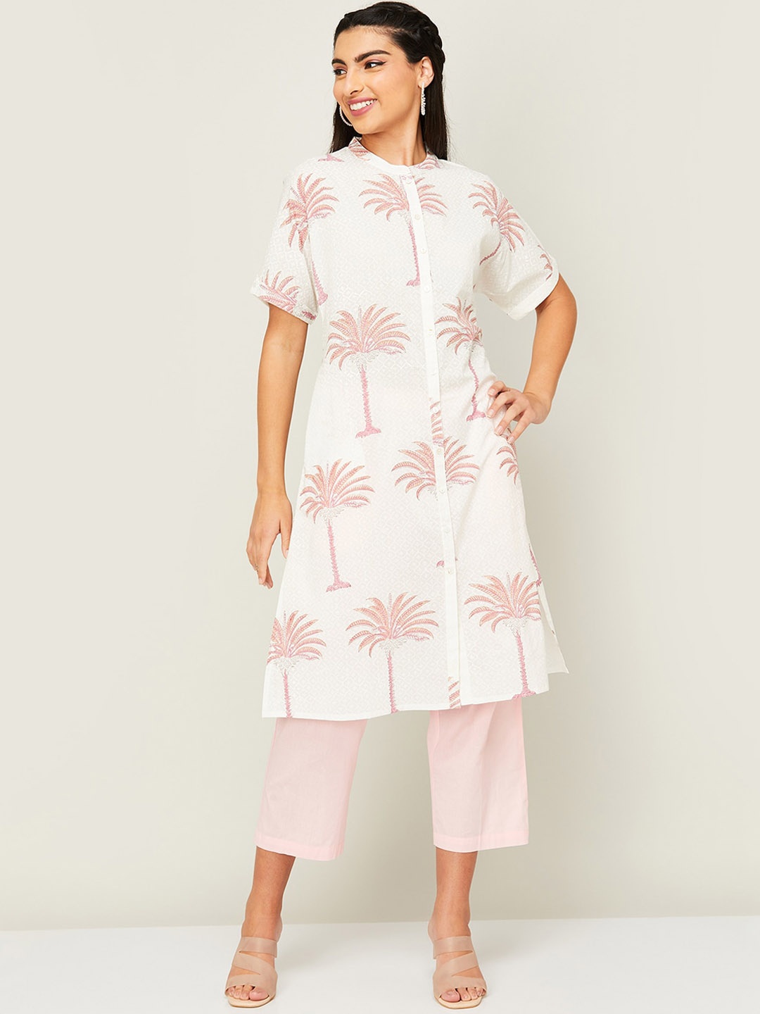 

Melange by Lifestyle Mandarin Collar Printed Cotton Kurta, Off white