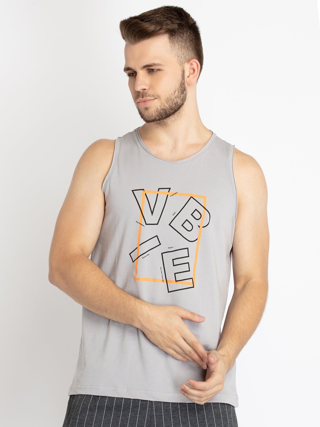 

Status Quo Typography Printed Sleeveless Cotton T-shirt, Grey