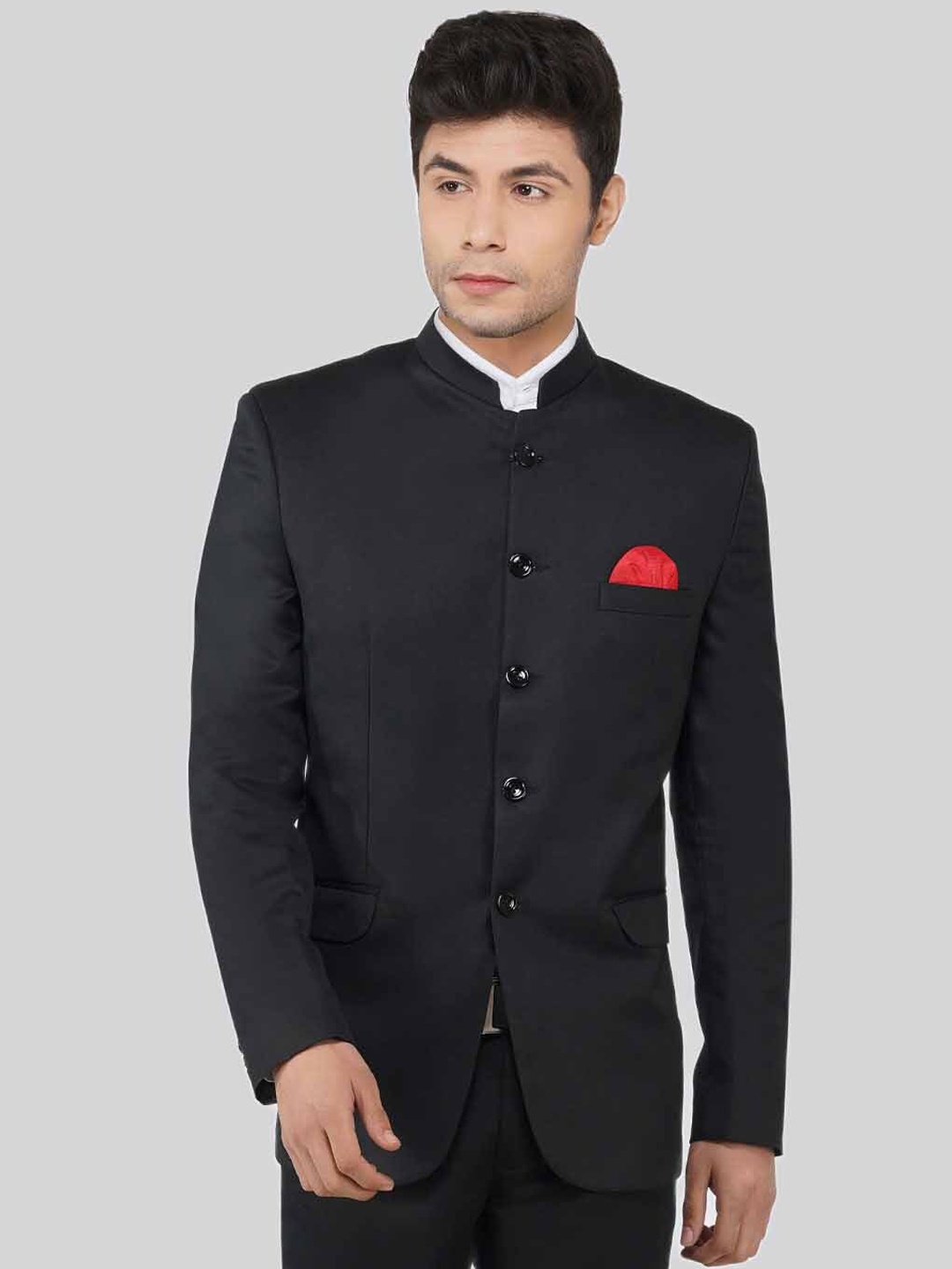 

TAHVO Mandarin Collar Bandhgala Slim Fit Party Blazer, Black