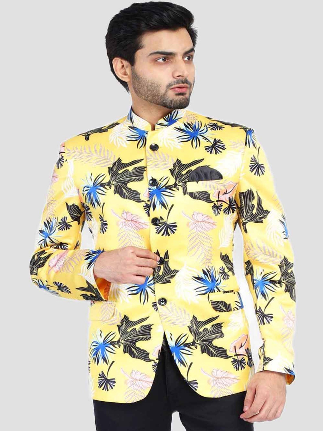 

TAHVO Printed Bandhgala Slim Fit Party Blazer, Yellow