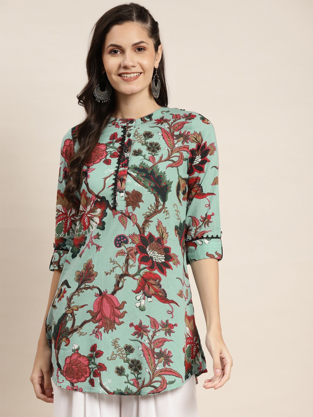 

Rain & Rainbow Floral Printed Pure Cotton A-Line Kurti, Sea green