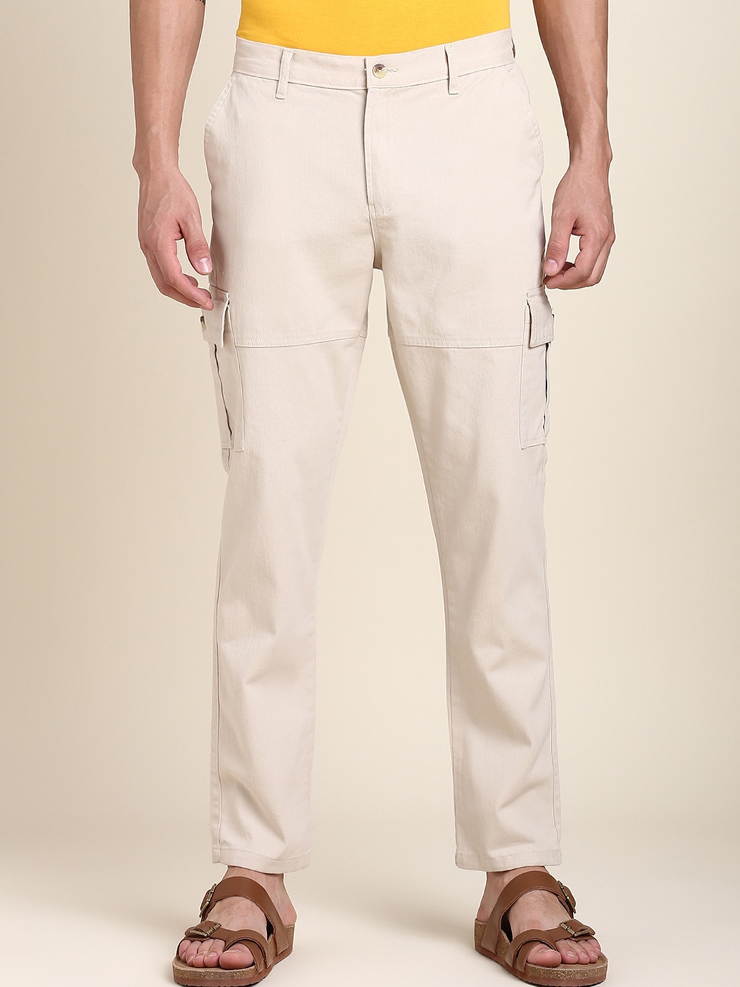 

Dennis Lingo Men Flat-Front Comfort Slim Fit Cargos Trousers, Off white