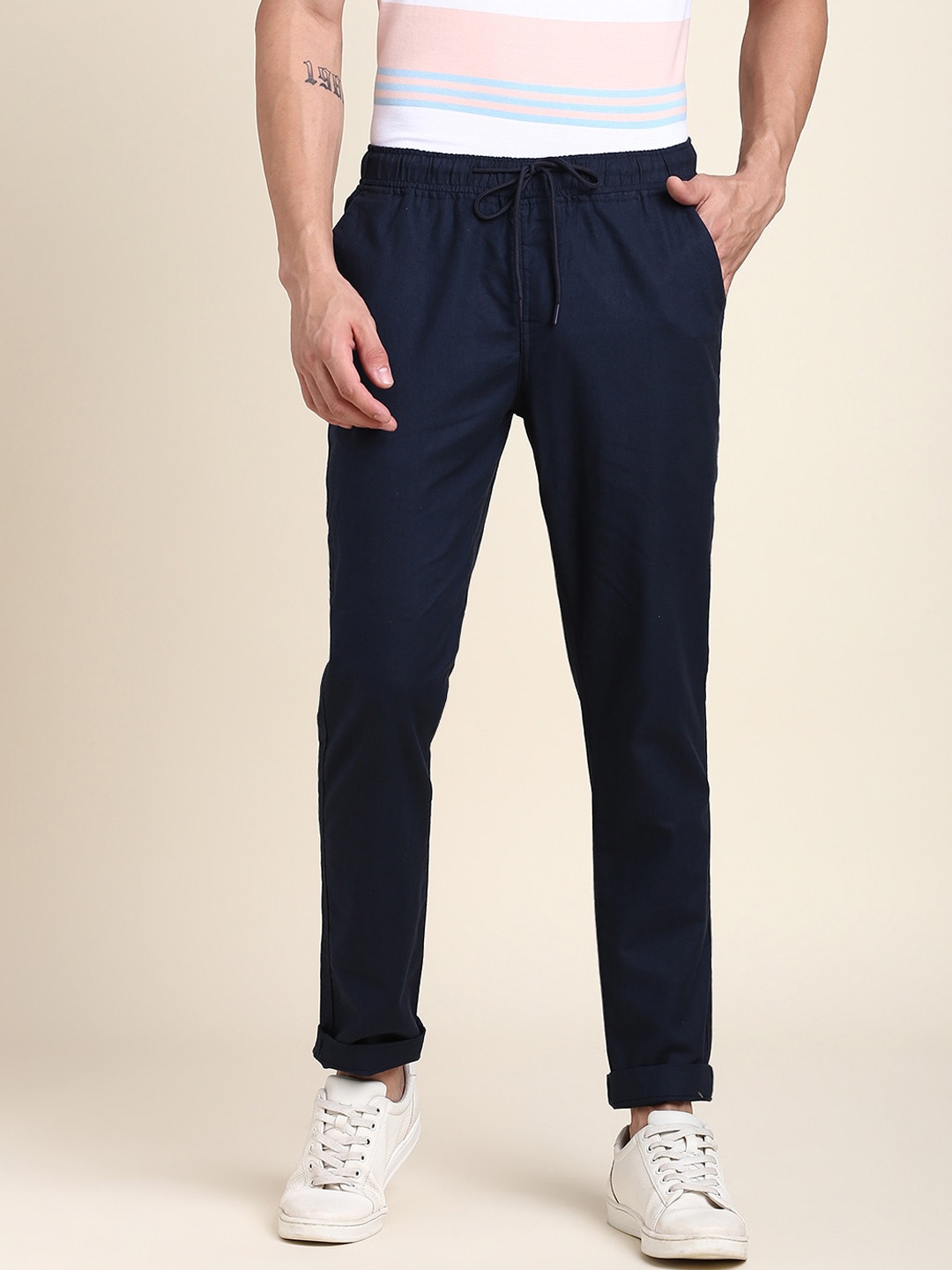 

Dennis Lingo Men Flat-Front Mid-Rise Comfort Slim Fit Trousers, Navy blue