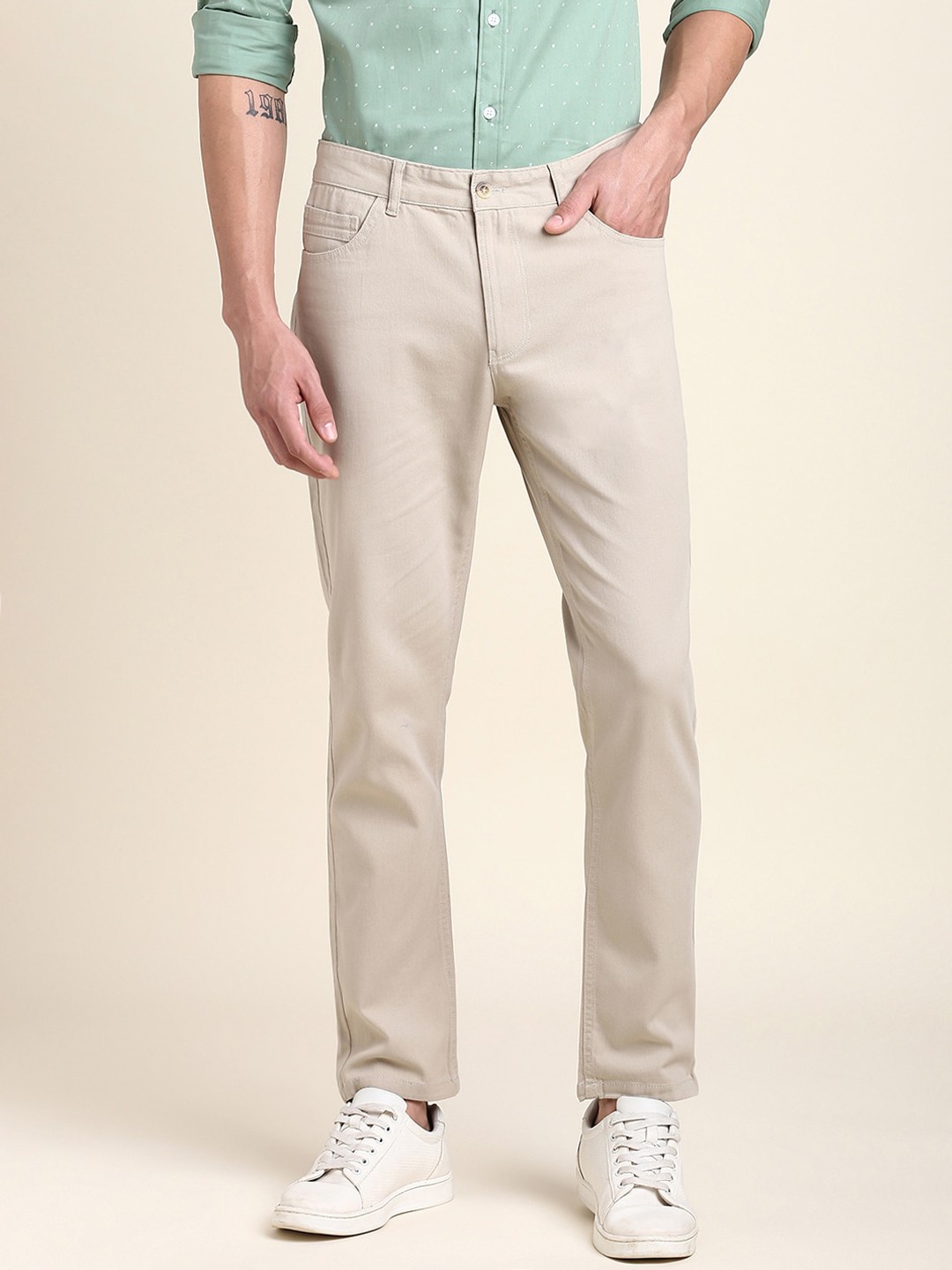 

Dennis Lingo Men Mid-Rise Comfort Slim Fit Chinos Trousers, Beige