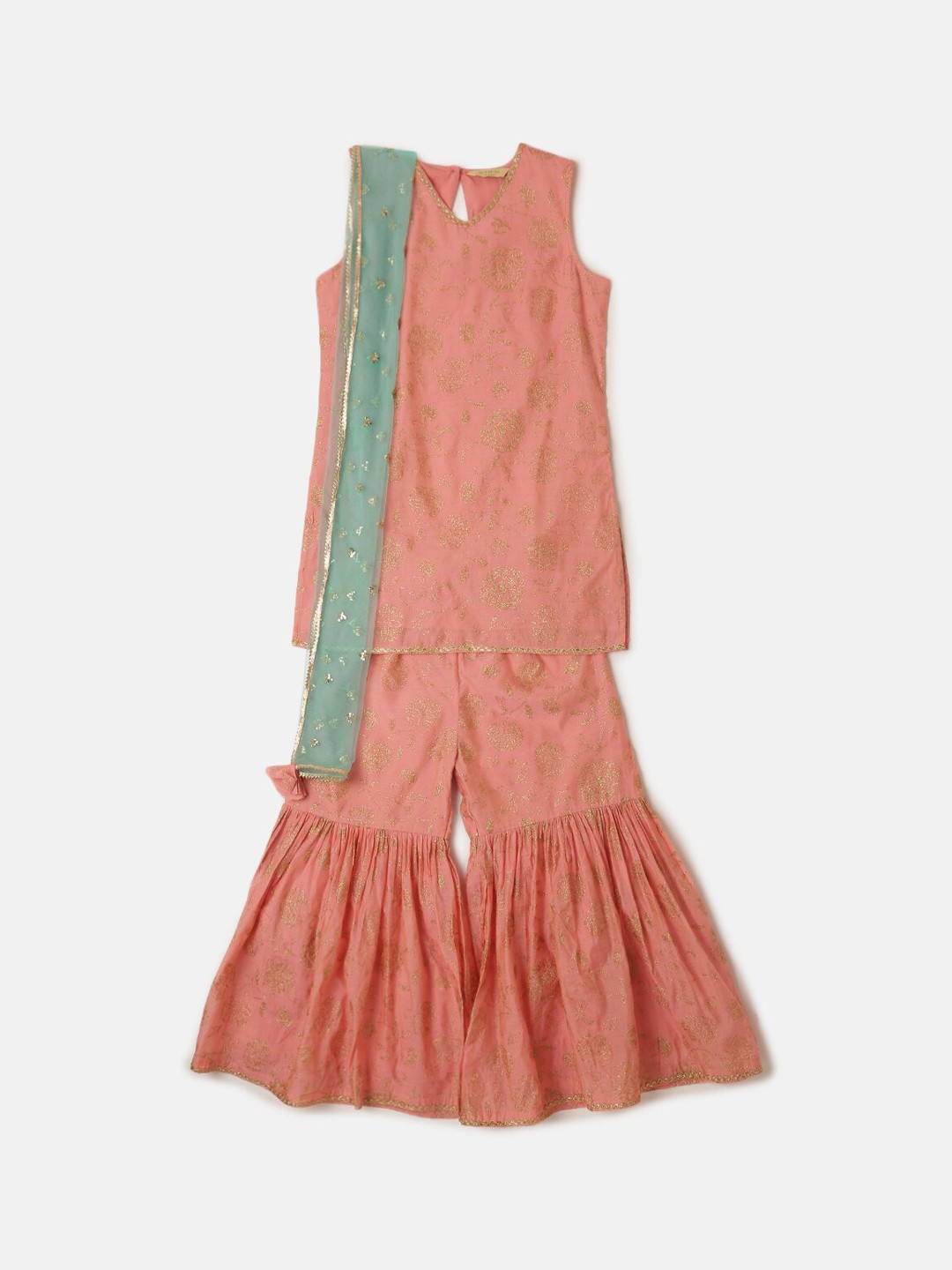 

PIPIN Girls Ethnic Motif Printed Sleeveless Gotta Patti Kurta With Sharara & Dupatta, Peach