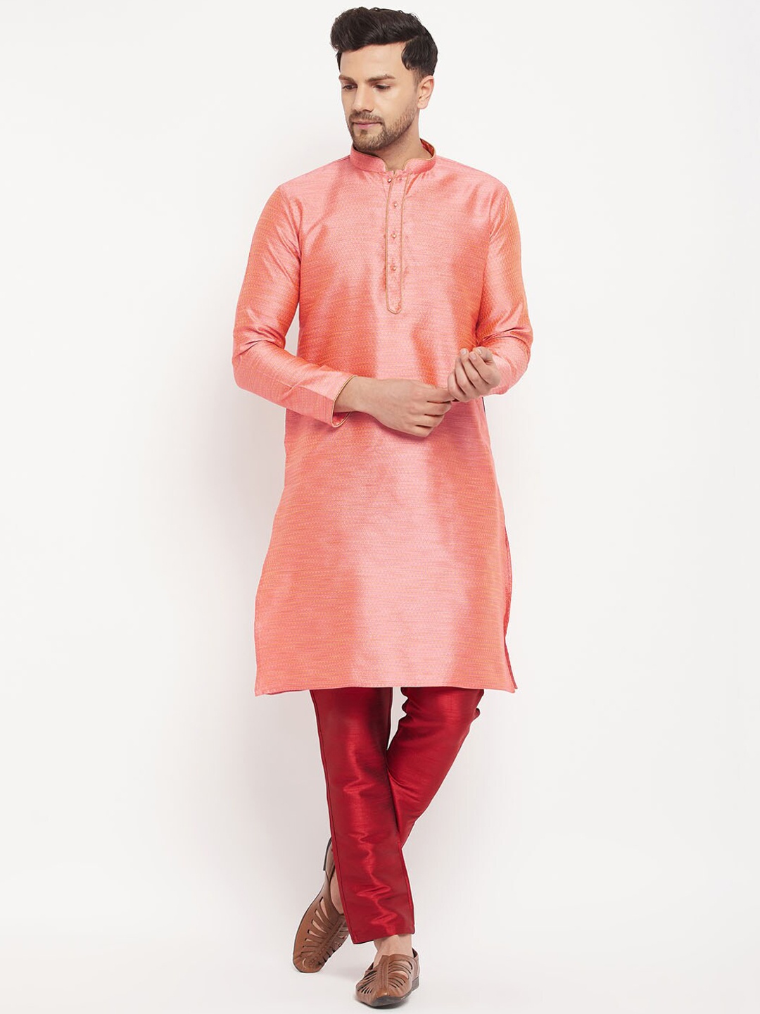 

VASTRAMAY Ethnic Motifs Woven Design Jacquard Straight Kurta with Pyjamas, Pink
