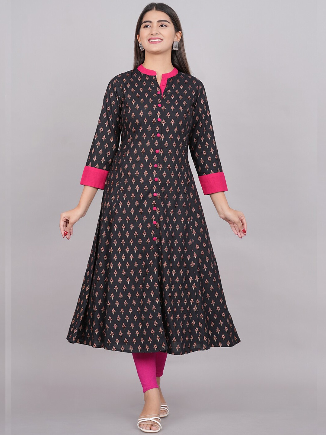 

YASH GALLERY Ethnic Motifs Printed Band Collar A-Line Kurta, Black