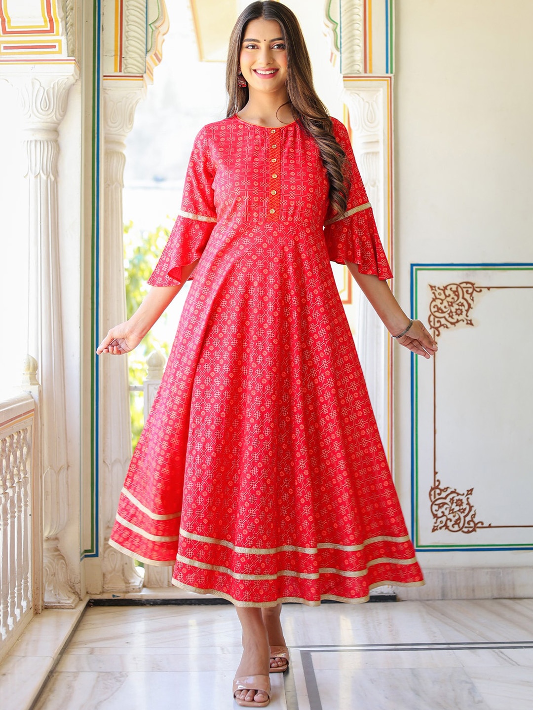

YASH GALLERY Floral Printed Bell sleeves Fit And Flare Ethnic Dress, Pink