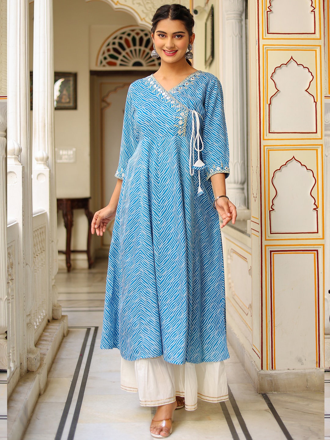 

YASH GALLERY Leheriya Printed V-Neck Mirror Work Angrakha Kurta, Blue