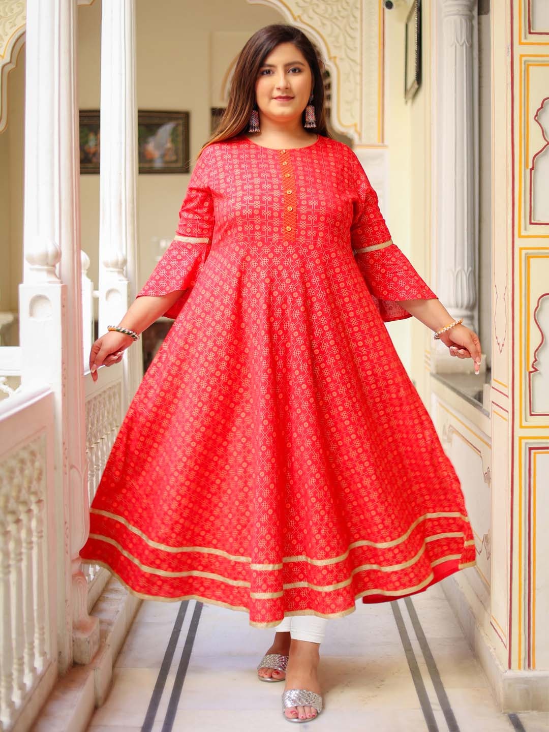 

YASH GALLERY Ethnic Motifs Printed Bell Sleeves Anarkali Kurta, Pink